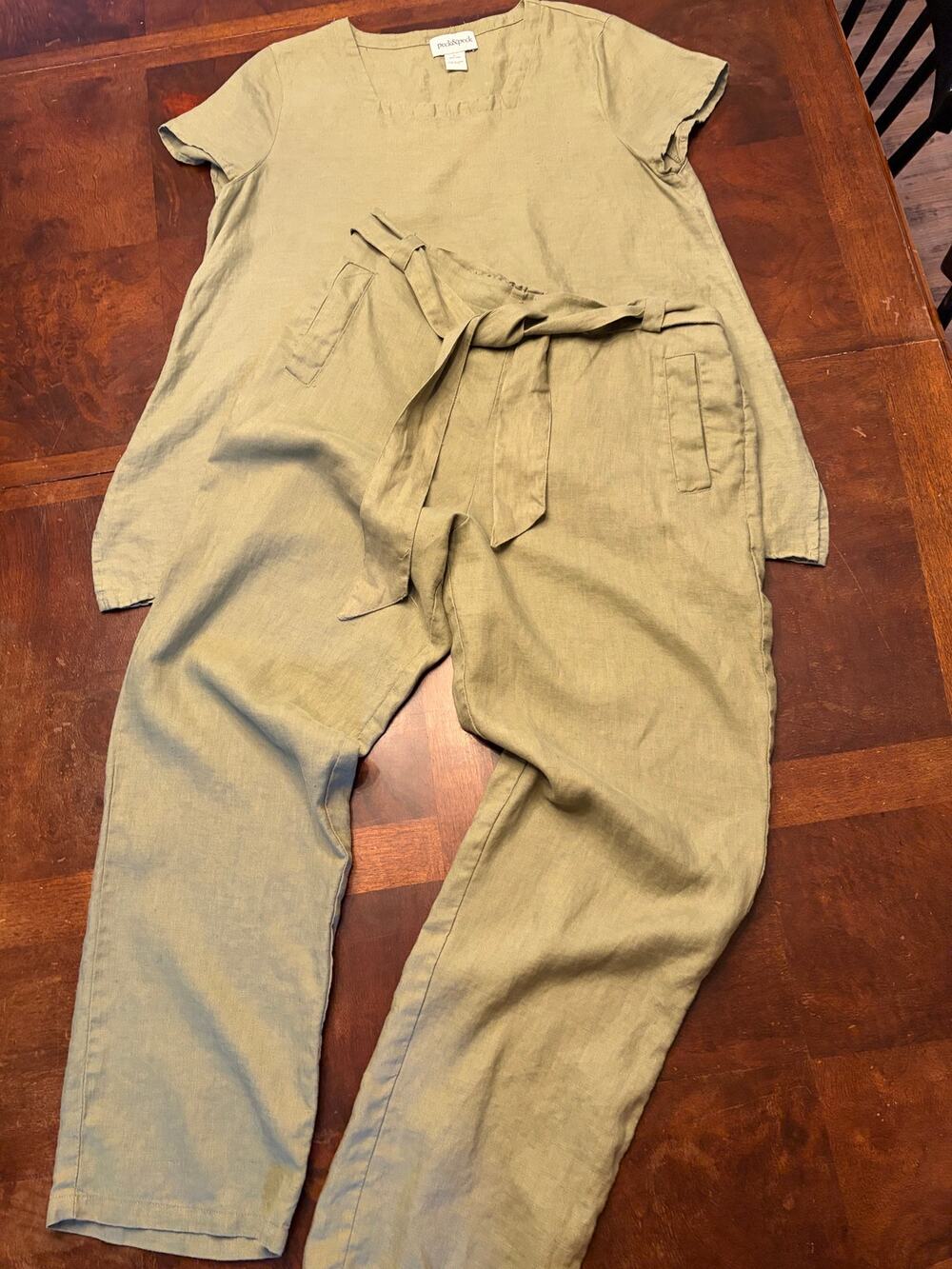 Peck & Peck Women’s L Olive Green 100% Linen Top & Pants Set